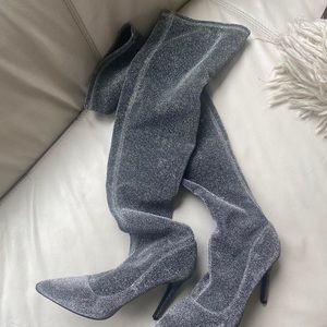 Over the knee silver sparkle heels